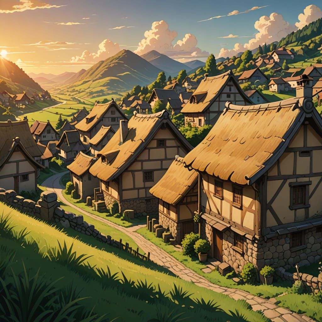 Anime Village at Golden Hour in Cinematic Style