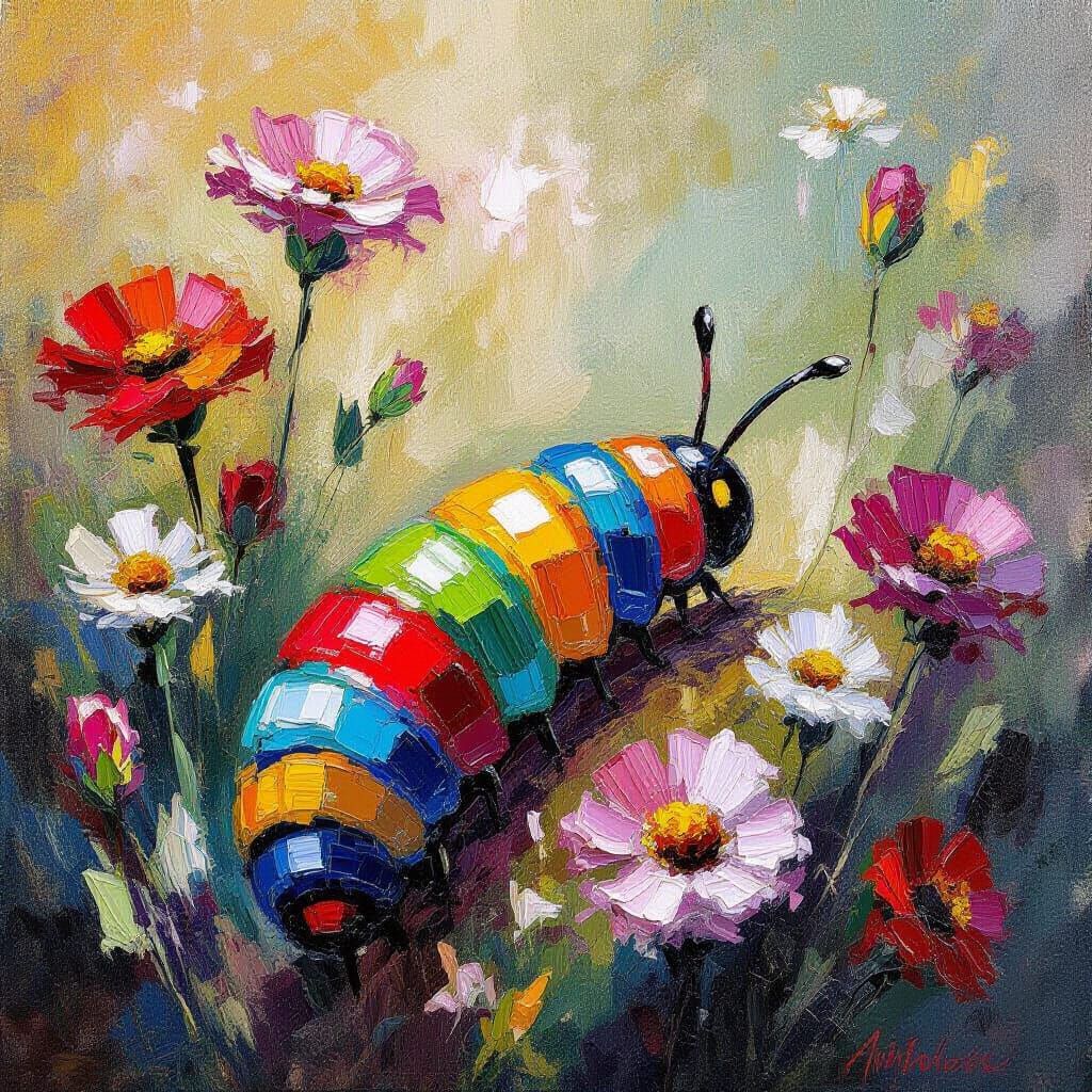 Vibrant Caterpillar Metamorphosis Oil Painting
