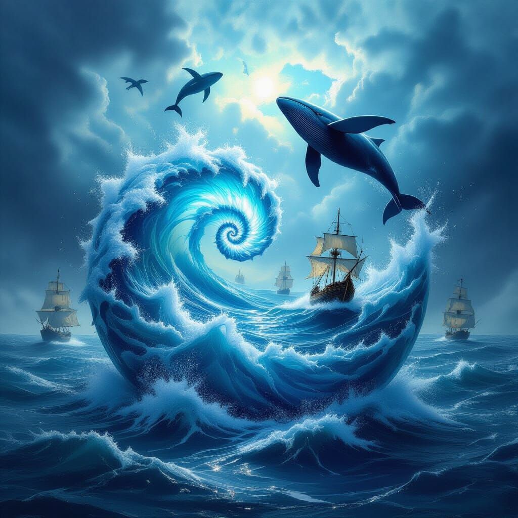 Glass Snail Shell Filled with Stormy Ocean