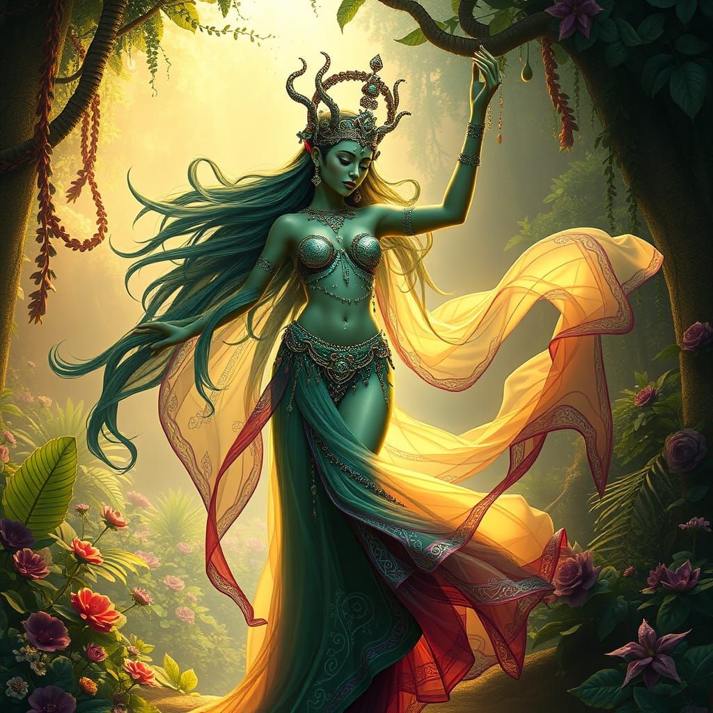 Surreal Goddess in Eastern Mythology-Inspired Art Nouveau