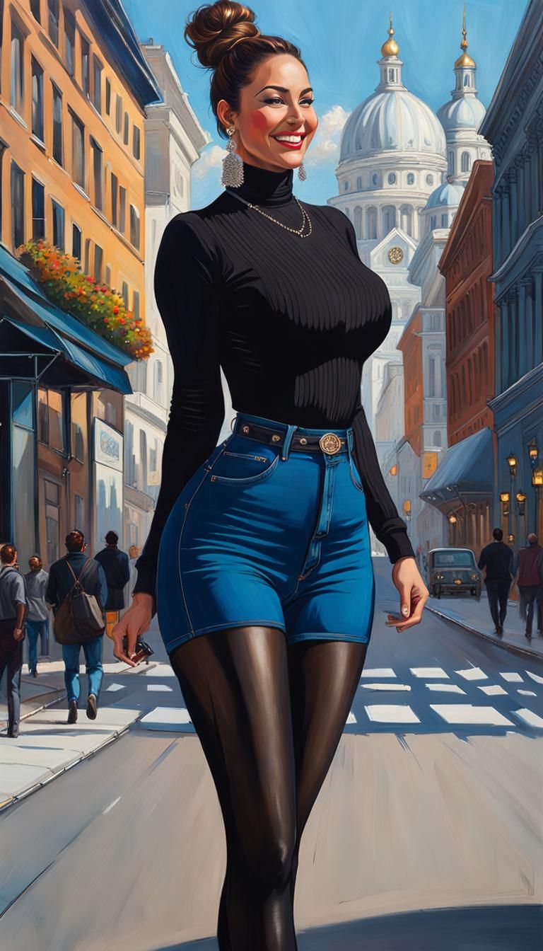 Curvy Woman in City Wearing Turtleneck and Shorts