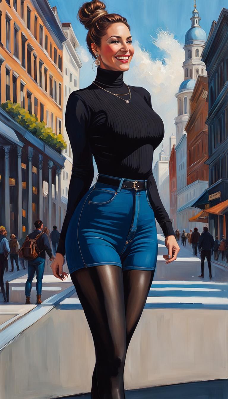 Curvy Woman in Cityscape: Detailed Oil Painting