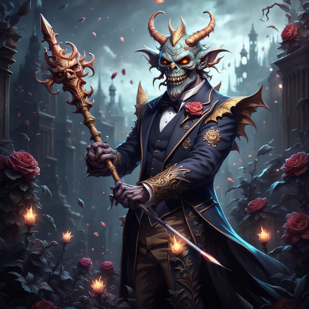 Flower Demon in Tuxedo with Spear, Detailed Matte Painting