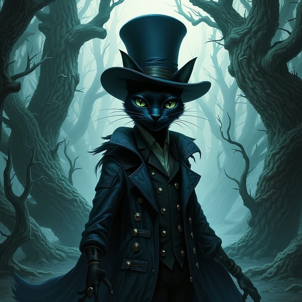 Black Cat in Forest as Digital Surrealism