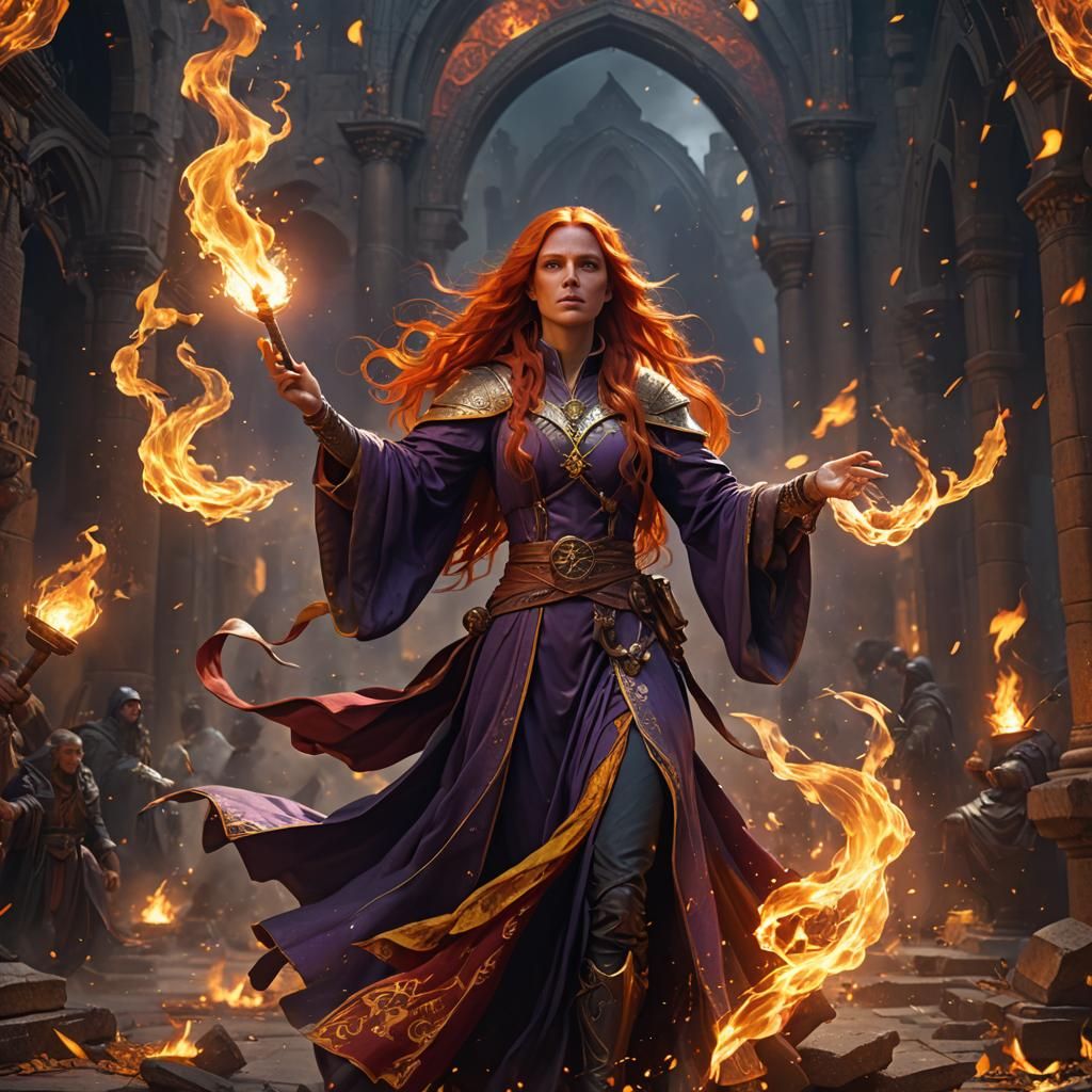 Red-Haired Fire Wizard Casting Spell: Dark Fantasy Art