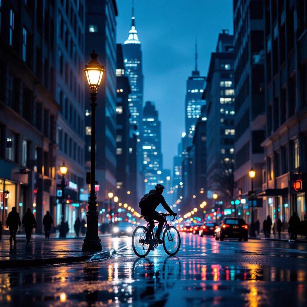 Cyclist Rides Through Neon City at Night