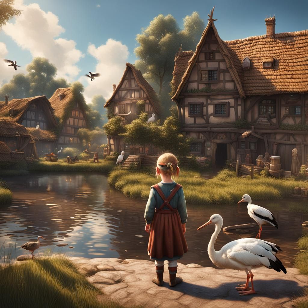 Girl Watching Stork in Alsatian Village Fantasy Art
