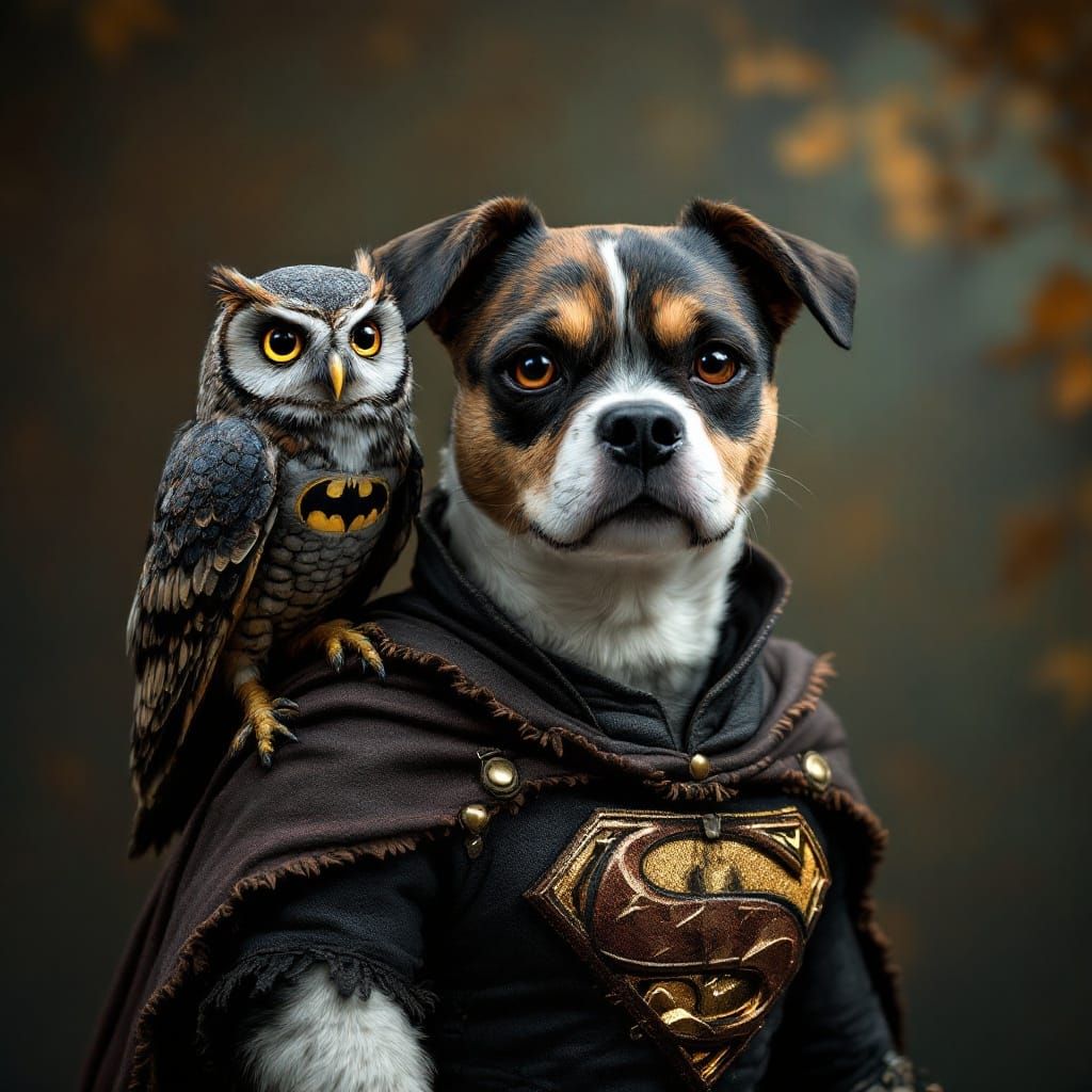 Owl in Batman Costume, Dog in Superman Outfit