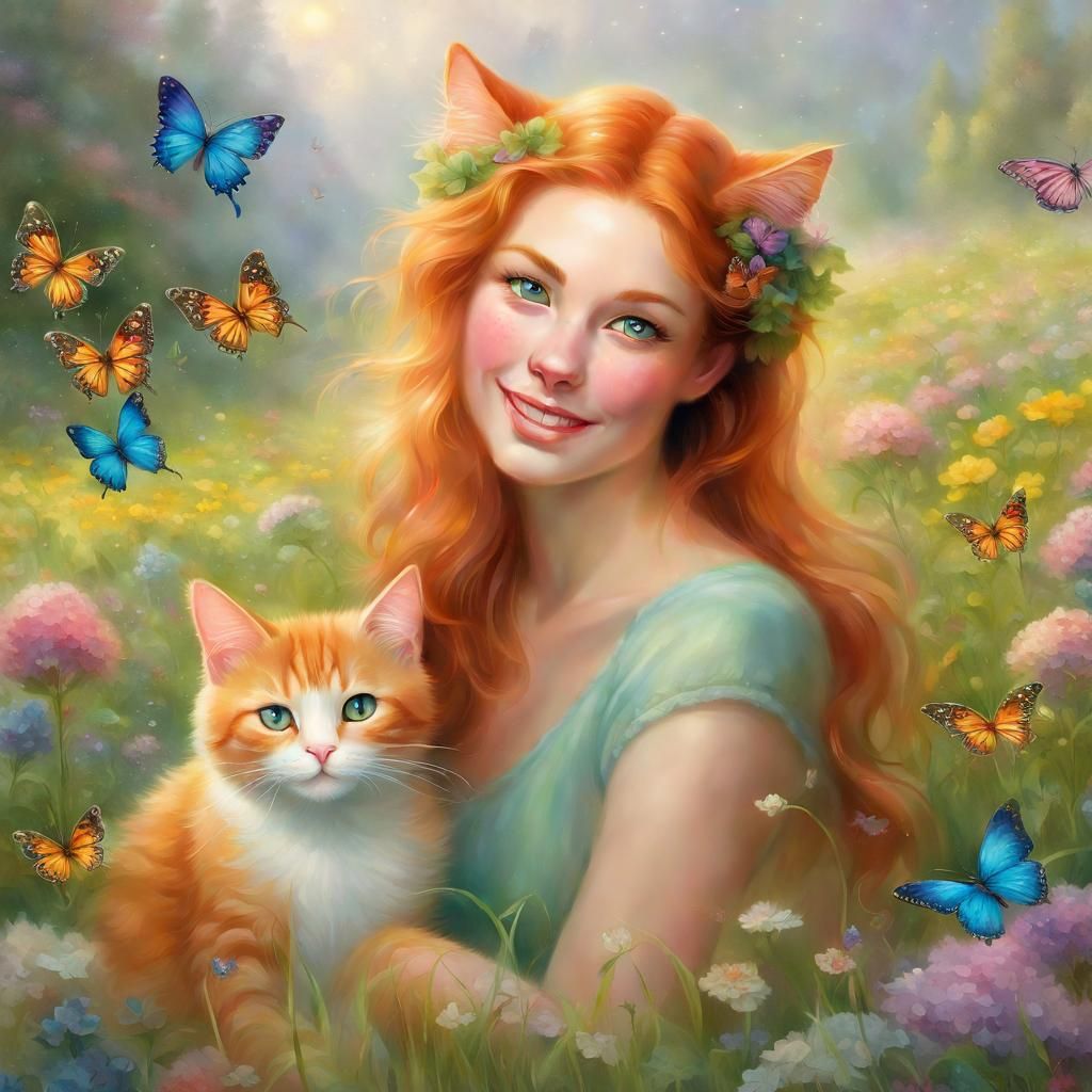 Ginger Cat Woman in Flower Meadow, Ethereal Fantasy