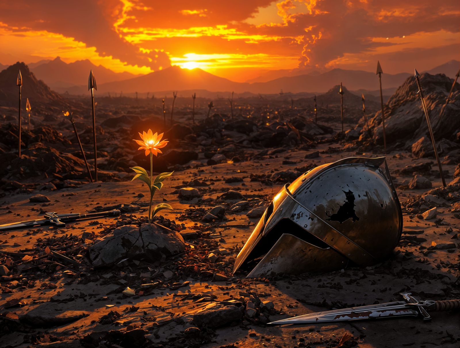 Hope in Ruin: Digital Painting of War-Torn Landscape with Lu...