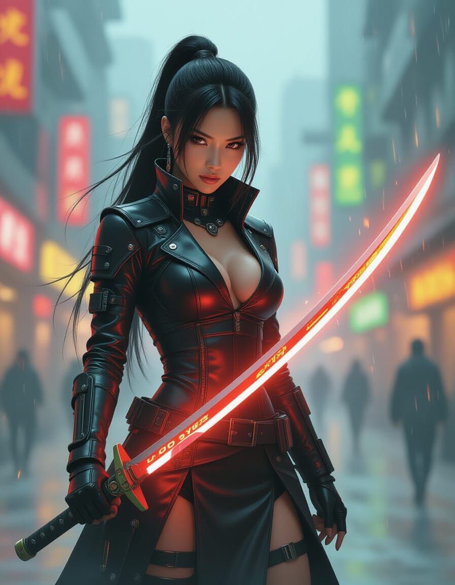 Cyberpunk Asian Warrior in Neon Cityscape
