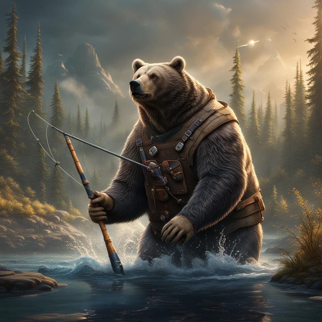 A large grisley bear fishing with a fishing pole