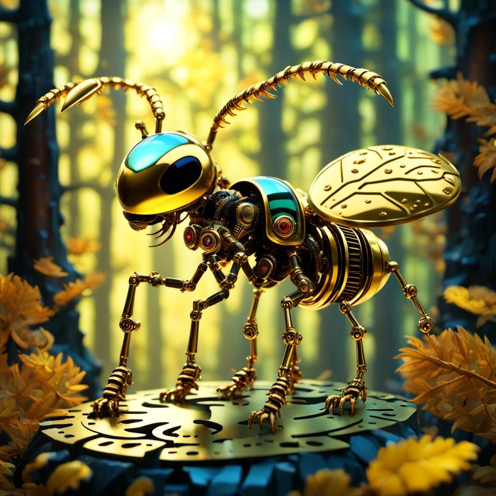 Mechanical Ant in Clockwork Forest: Hyperrealistic Art