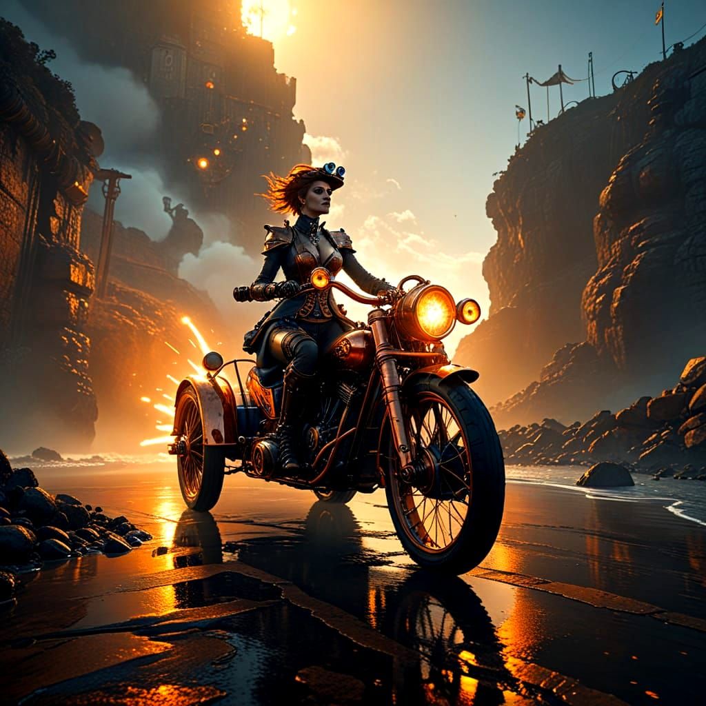 Steampunk Trike on Coastal Road: Detailed Matte Painting