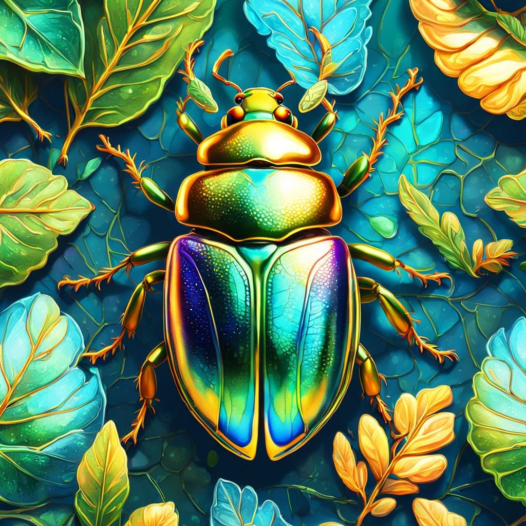 Iridescent Beetle on Leaf in Oil Painting Style