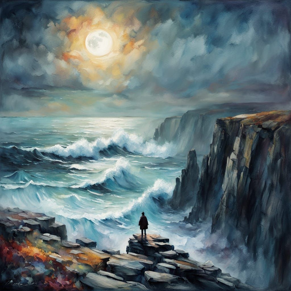 Turbulent Seascape Impasto Painting with Lone Figure