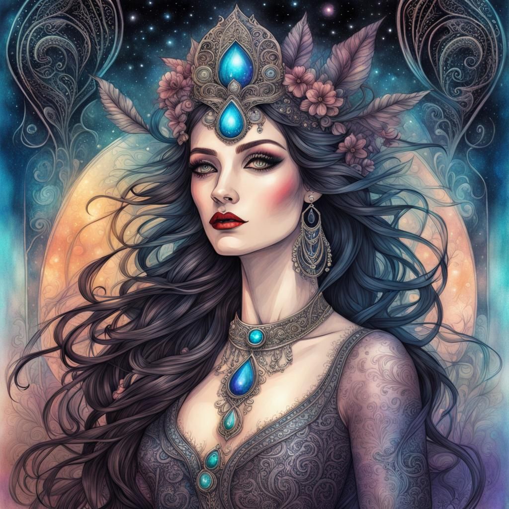 Enchantress in Detailed Maximalist Sketch Art