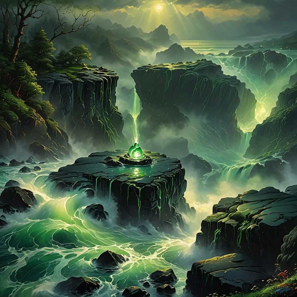 Glowing Green Tear on Black Rock in Stormy Night