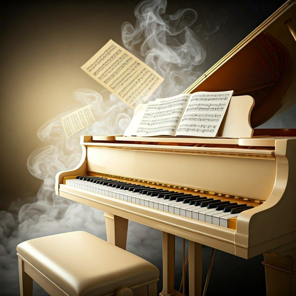 Luxurious Grand Piano in Ivory and Gold, Set in a Smoke-Fill...