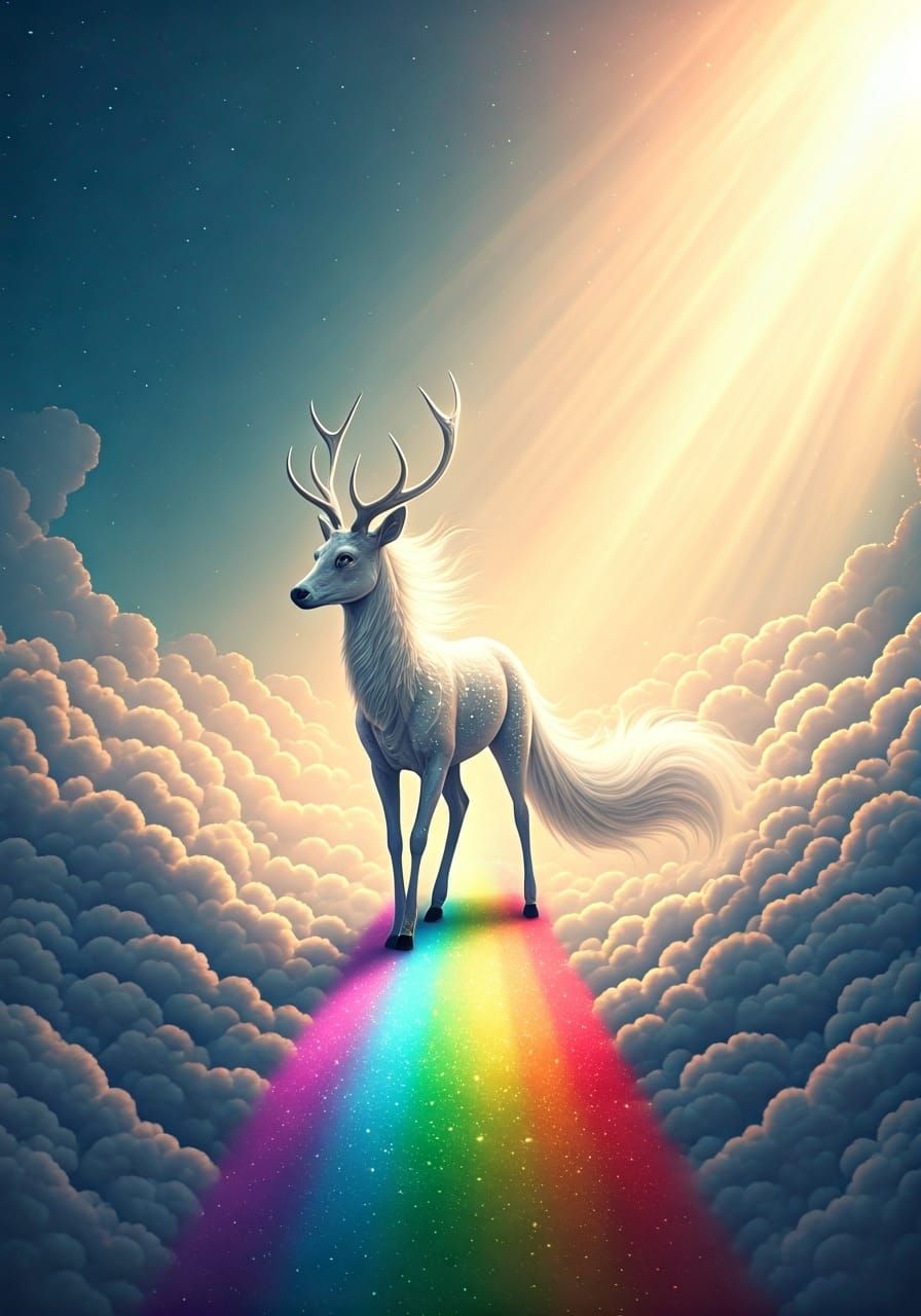 Majestic Hybrid Creature on Rainbow Path in the Sky