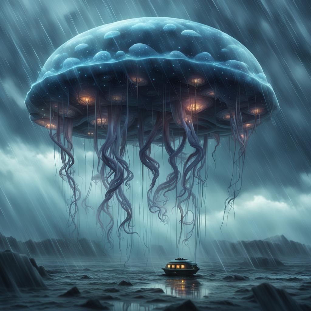 Jellyfish UFO in Rainstorm: Digital Matte Painting