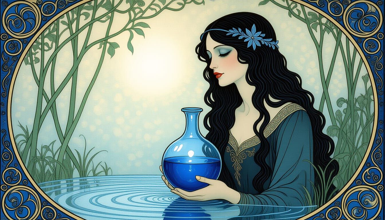 Enchanted Noble with Blue Liquid Decanter in Misty Glade