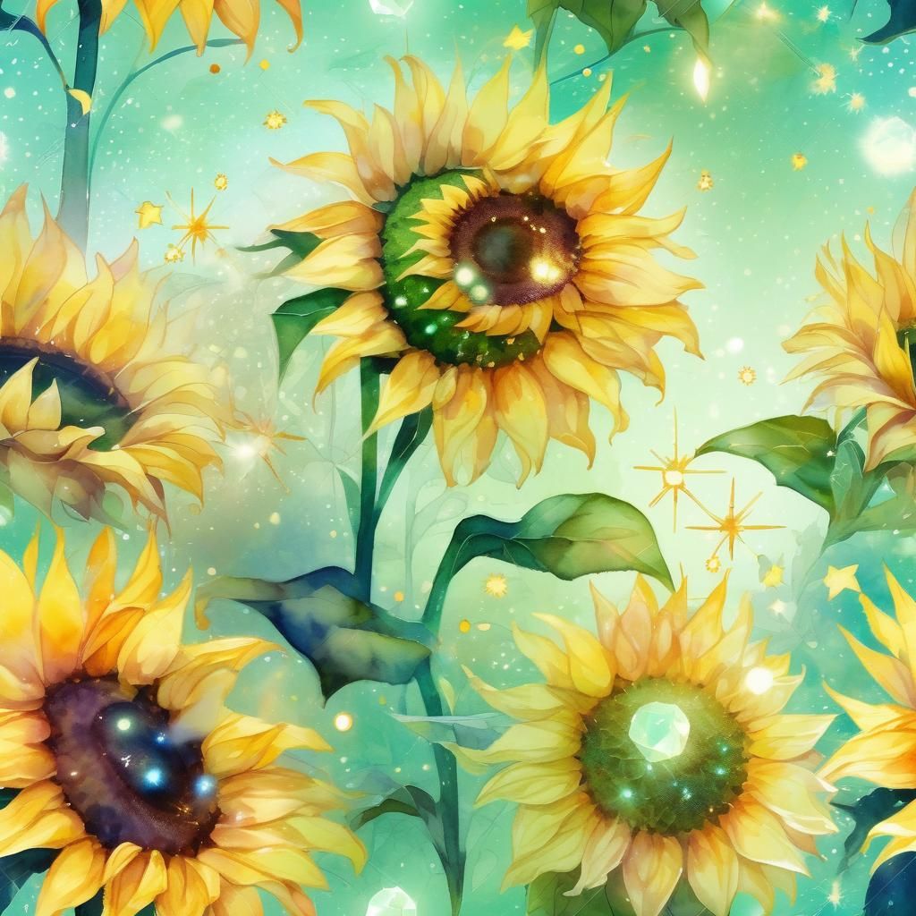 <lora:Texturized:0.5> smiling, euphoric sunflower in a magical summer day, a beautiful sunflower as a light green glowin...