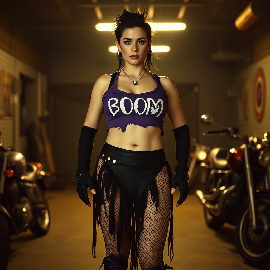 Confident Punk Biker Woman in Dimly Lit Garage