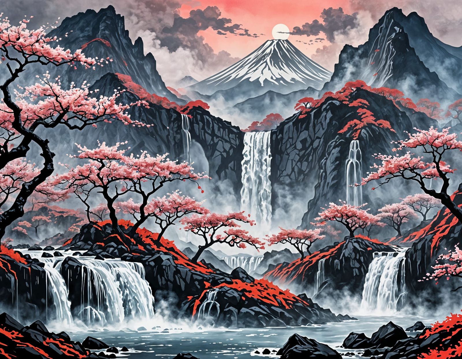 Dark Cherry Blossom Landscape with Fiery Volcanic Activity