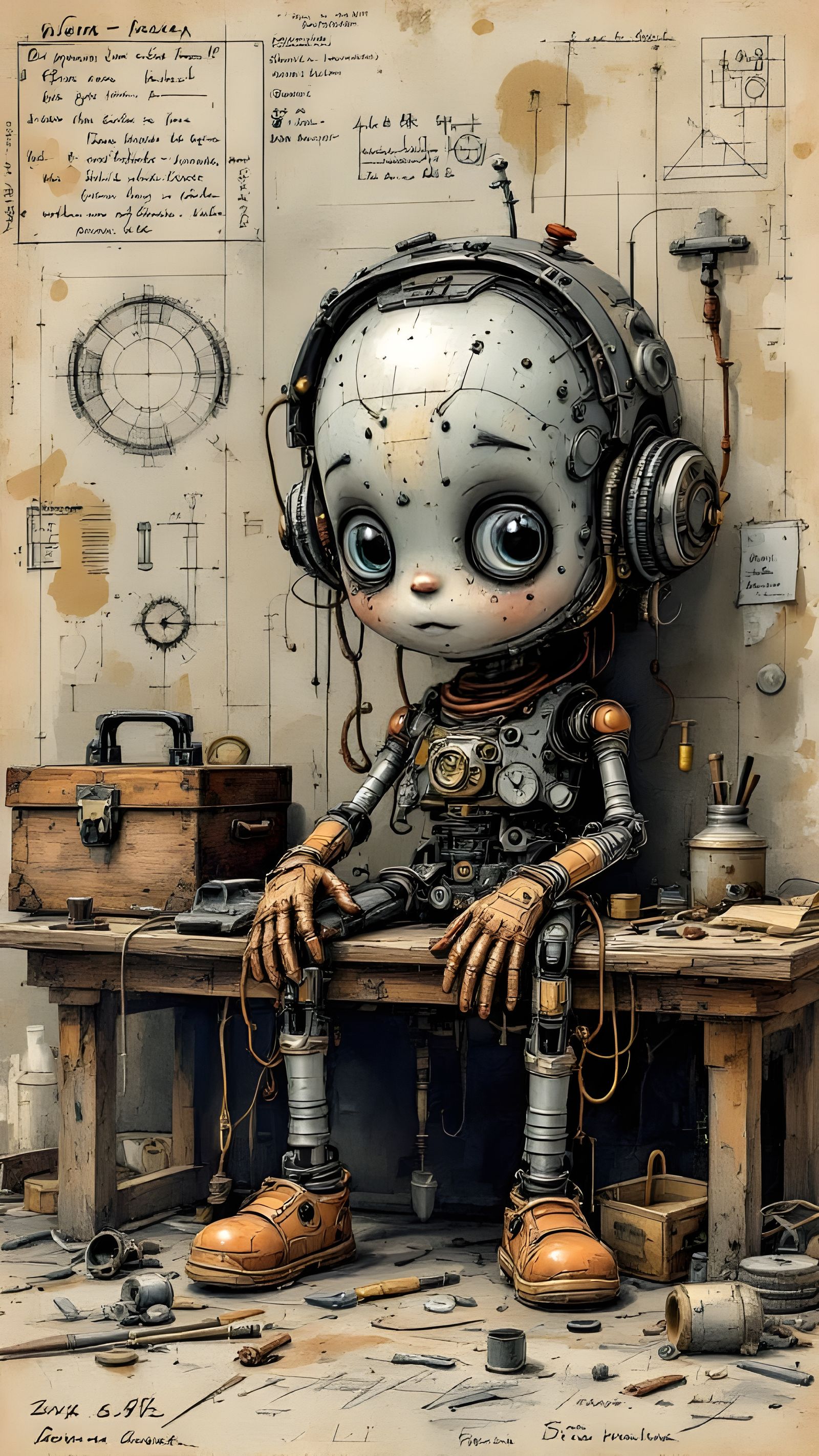Vintage Mechanical Doll Schematic with 1950s Cartoon Face