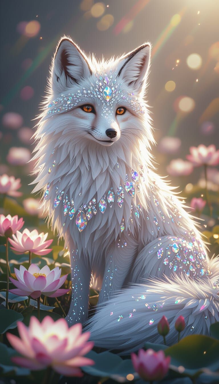 Crystal Snow Fox in Luminous Lotus Field