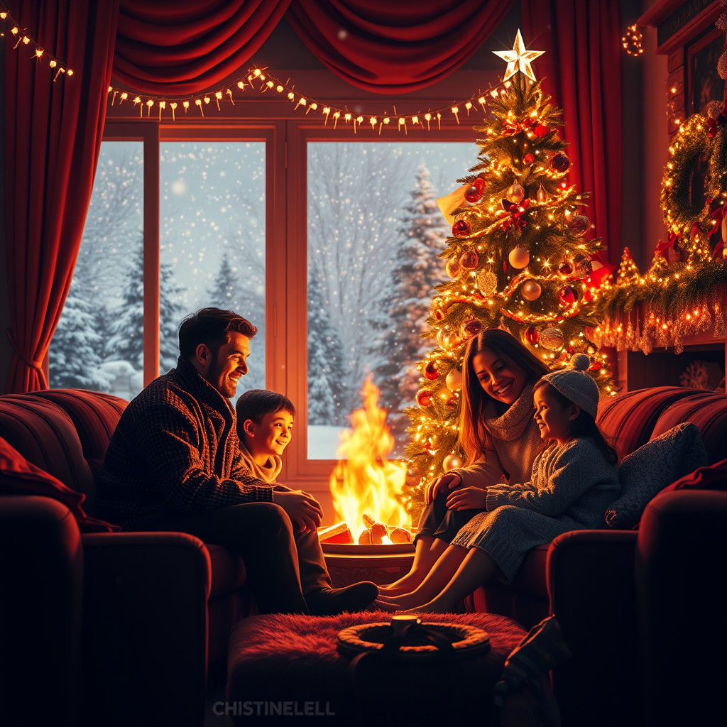 Cozy Family Christmas Scene in Fantasy Art Style