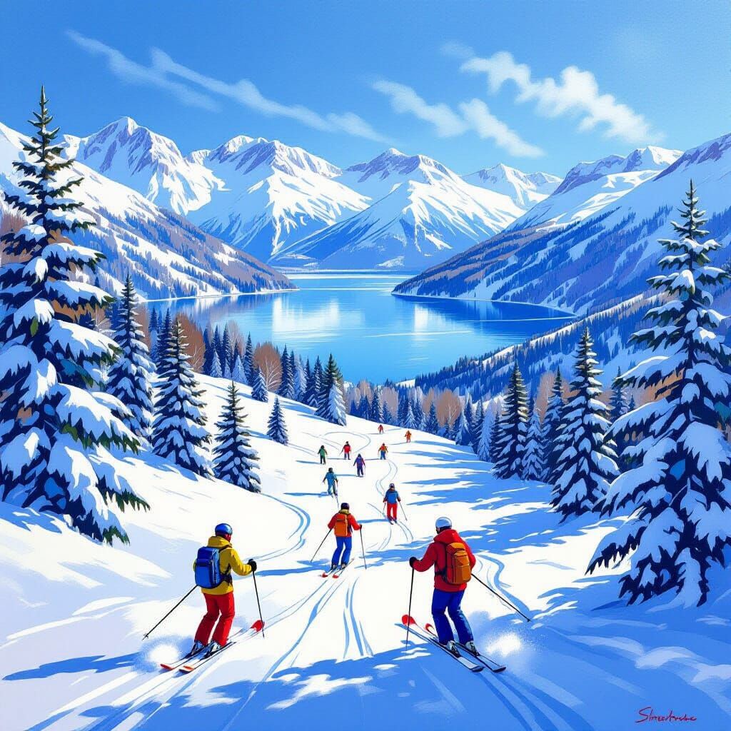 Skiers on Cerro Catedral in Vibrant Landscape Realism