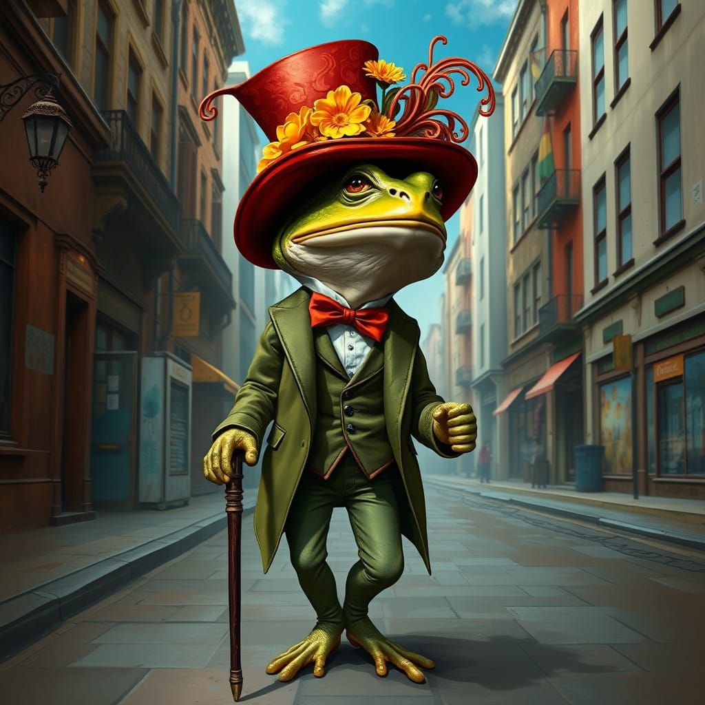 Anthropomorphic Toad in Surreal City, Digital Oil Painting