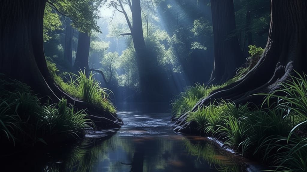 Otherworldly Forest Stream with Dappled Sunlight