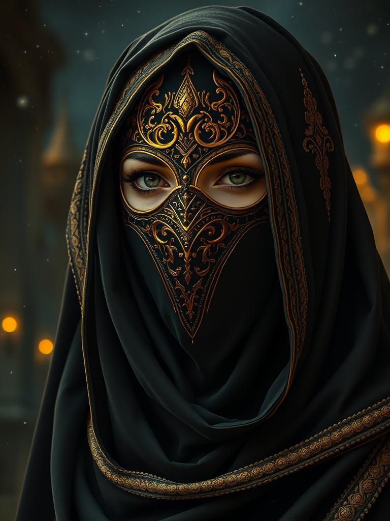Gothic Fantasy Priestess with Golden Niqab Mask