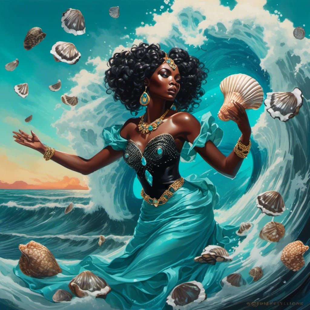 Ethereal Black Goddess Blowing Conch Shell