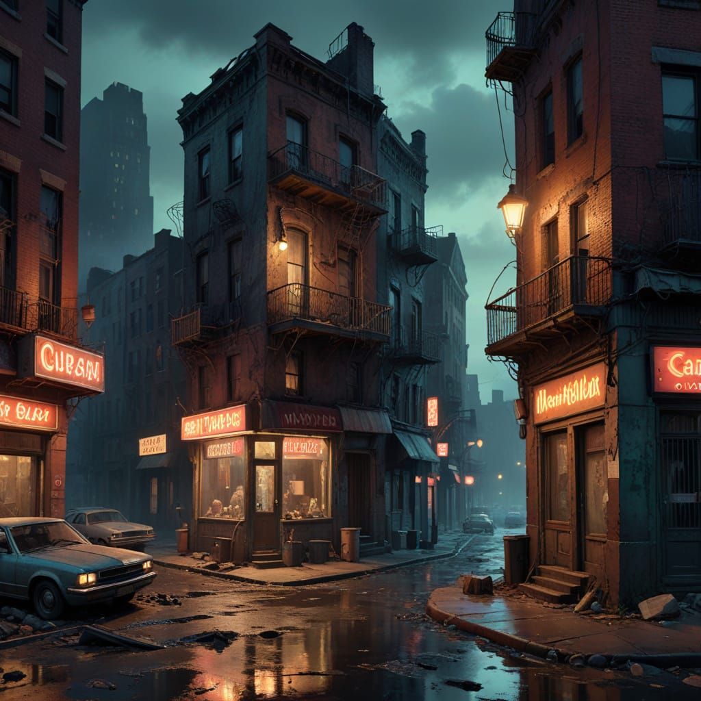 Dark Cityscape in Tonalist and Surrealist Style