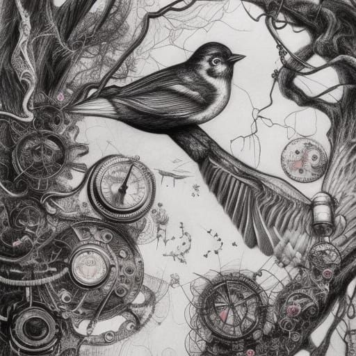 Birds Discussing LLMs in Psychedelic Steampunk Art