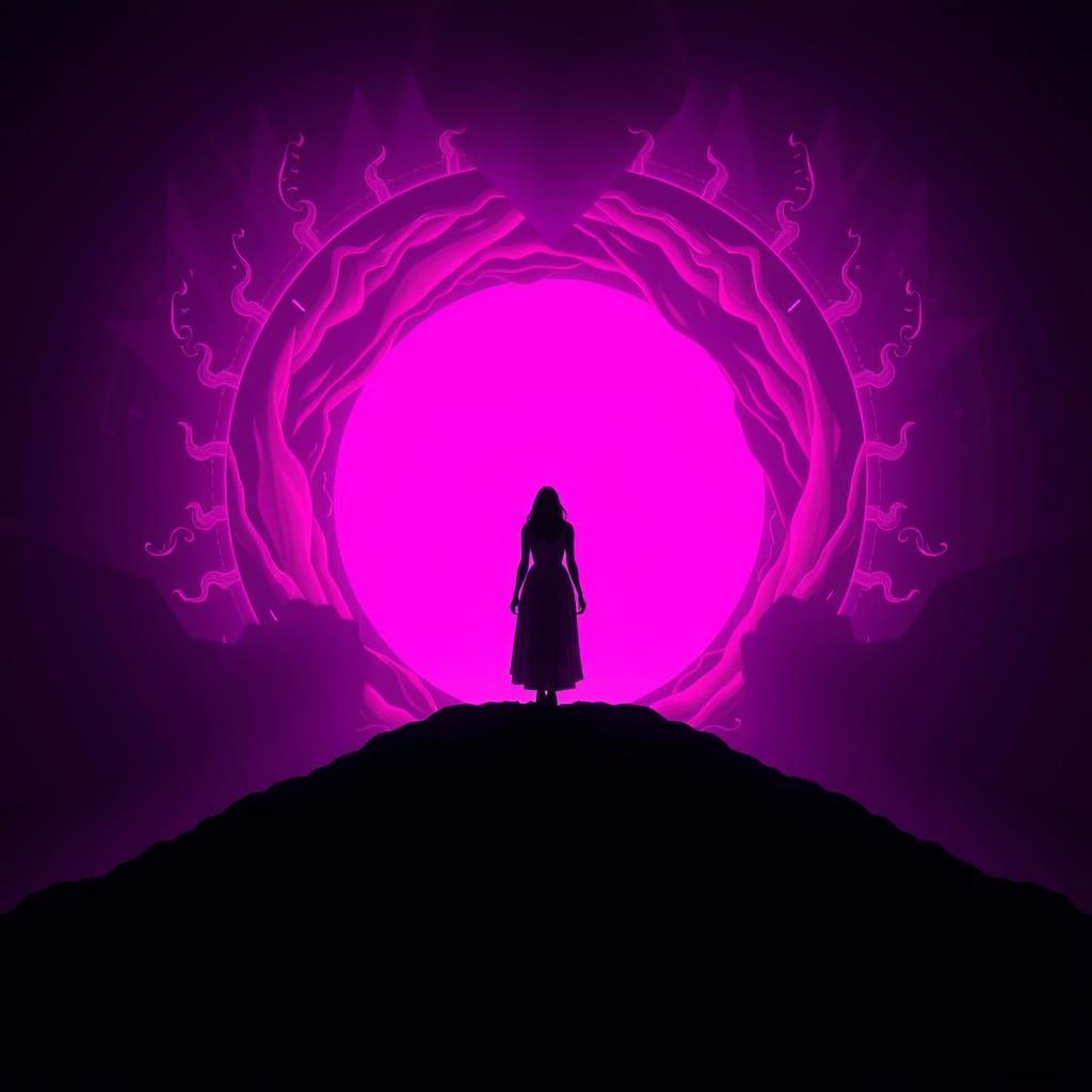 Surreal Woman Stands Before Glowing Magenta Portal in Dark F...