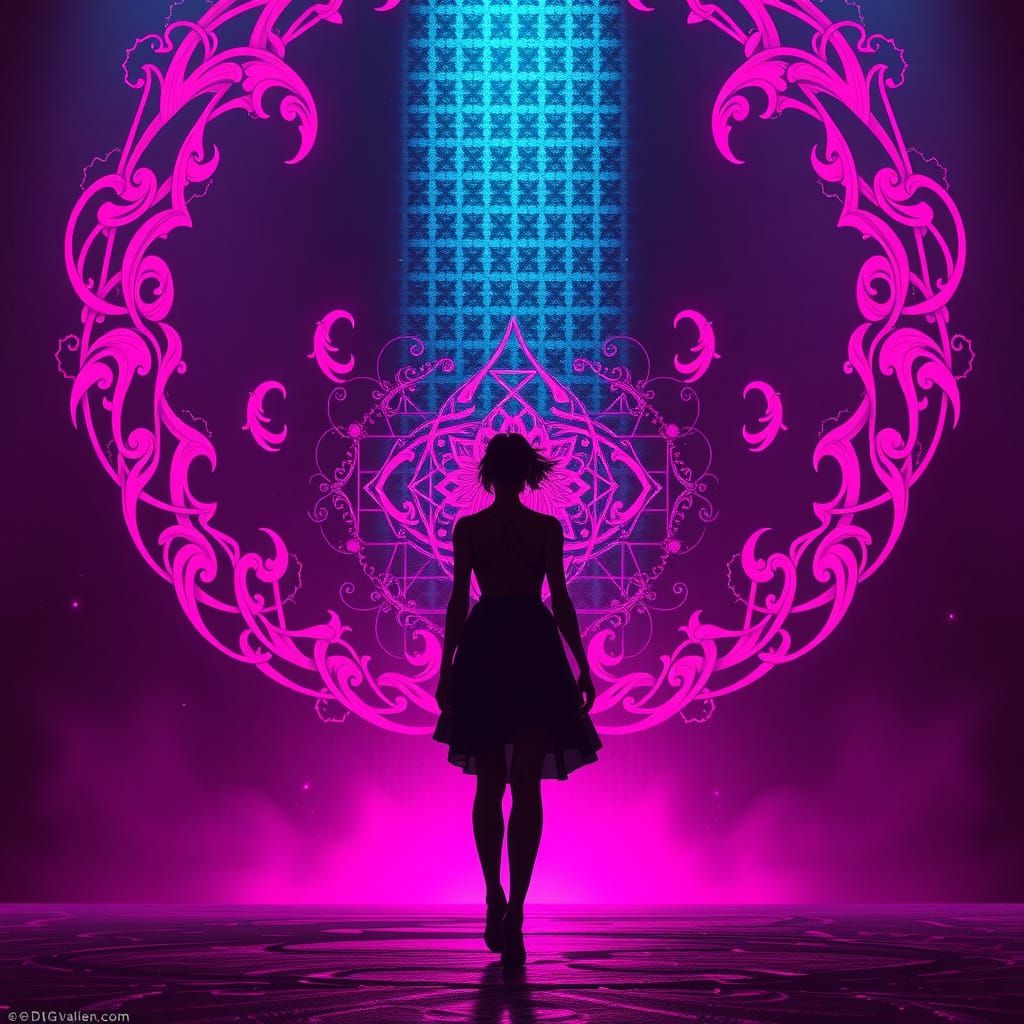 Dark Futuristic Woman Silhouette in Neon-Lit Portal