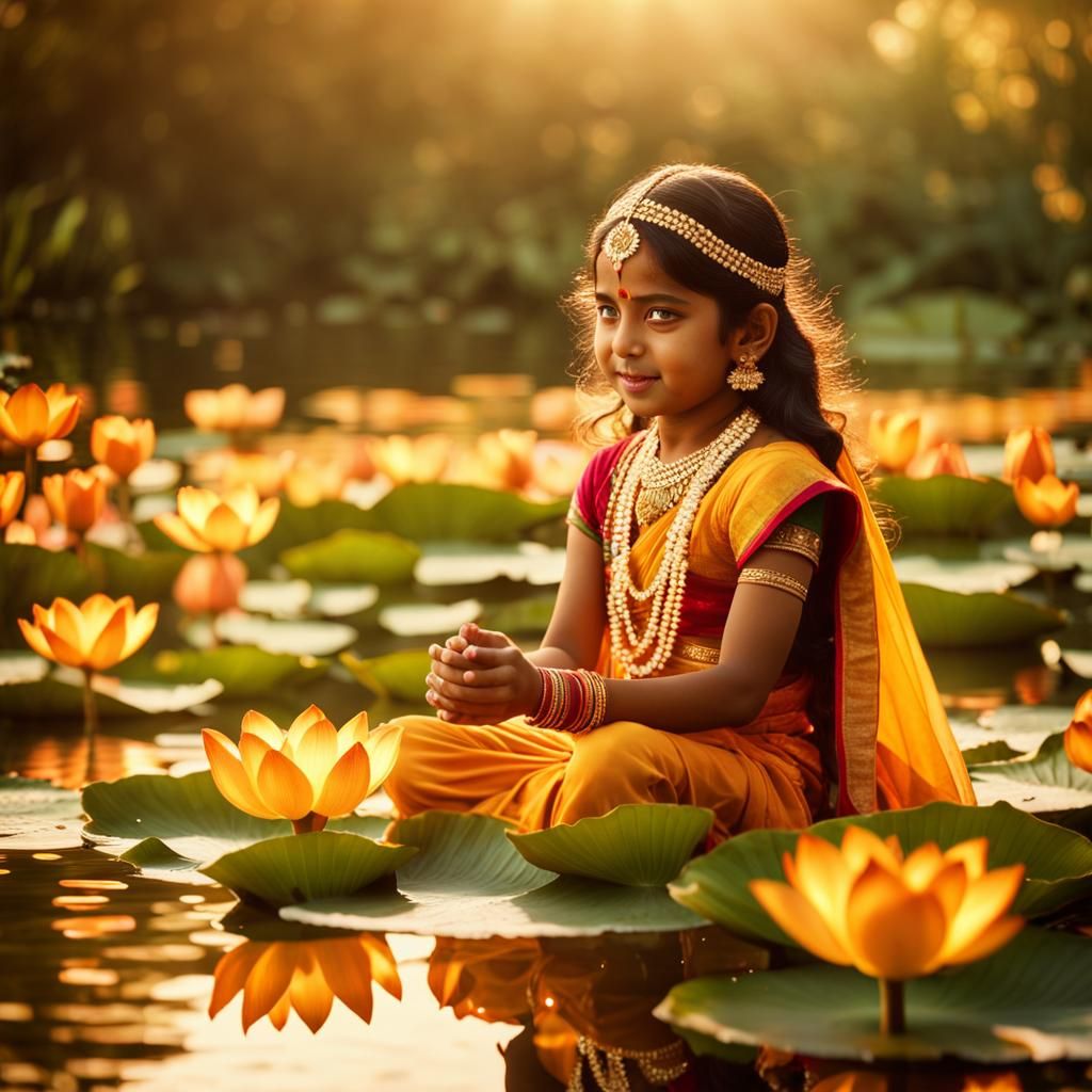 Little Indian Girl as Goddess Lakshmi on Lotus Pond