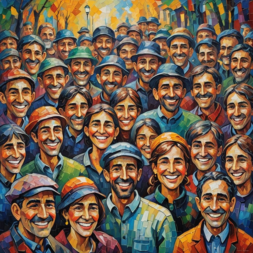 Smiling Group in Neo-Impressionist Oil Painting