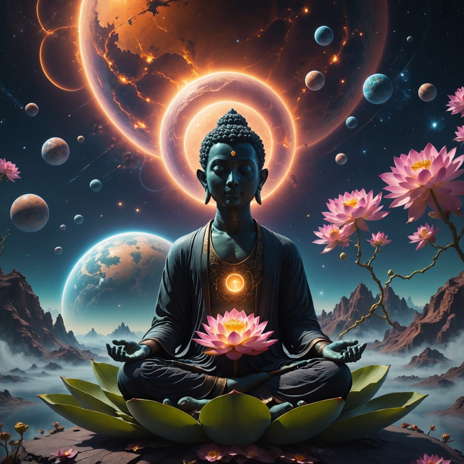 Meditating Planet Floating Above Nebula in Digital Art