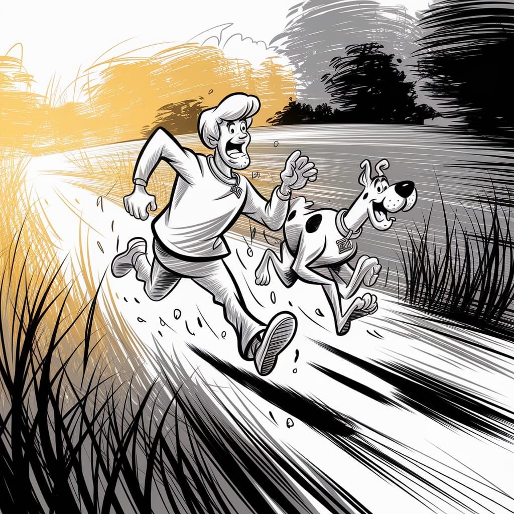 Shaggy and Scooby Doo Chase: Caricature Ink Drawing
