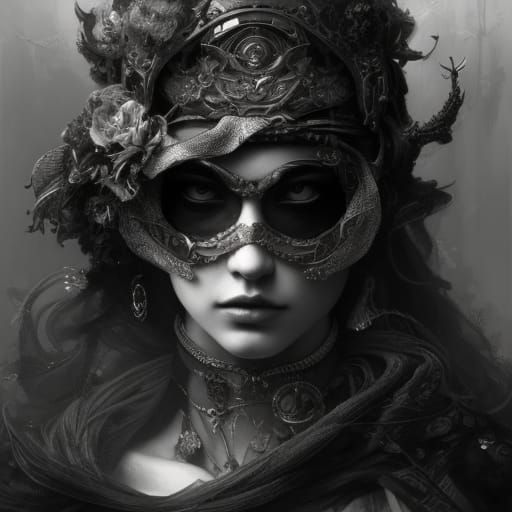 Monochrome Raven in Ruined Castle, Digital Art