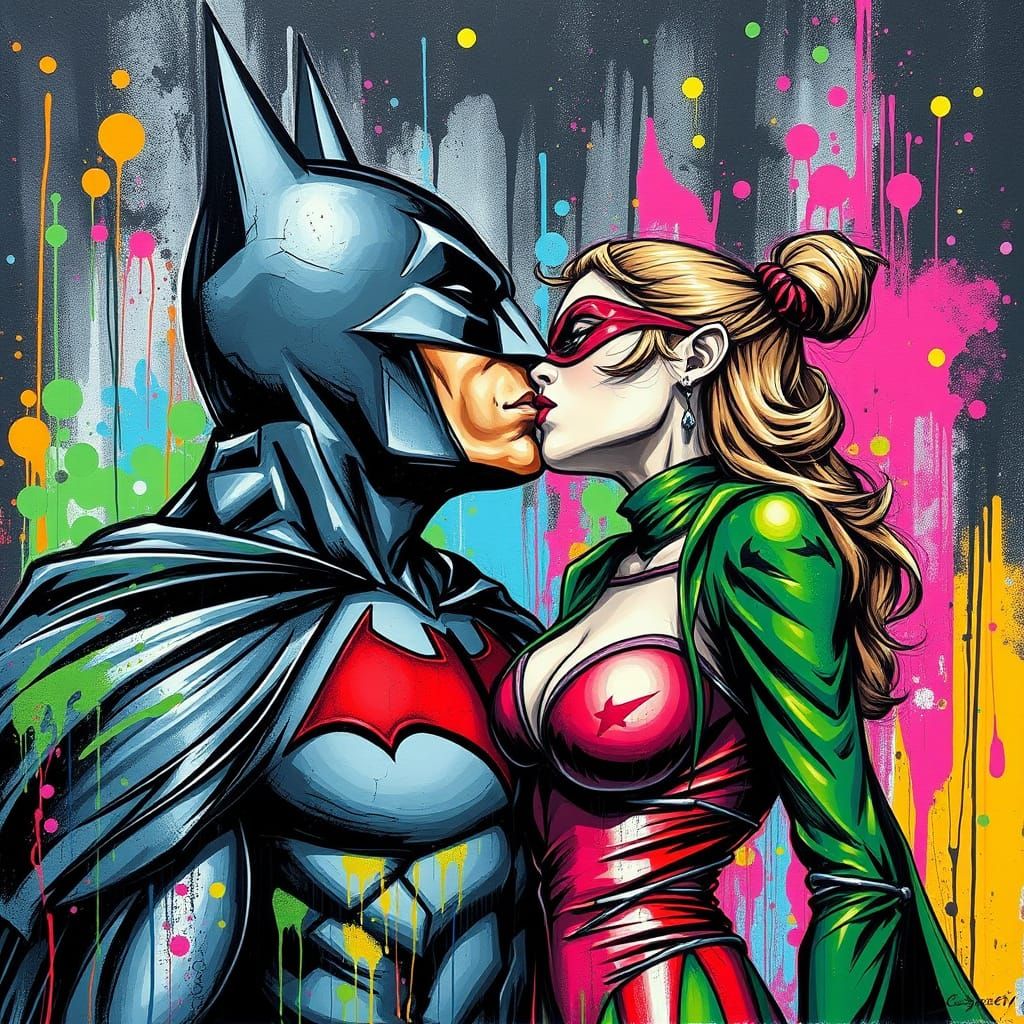 Batman Kissing Female Riddler in Vibrant Graffiti Art