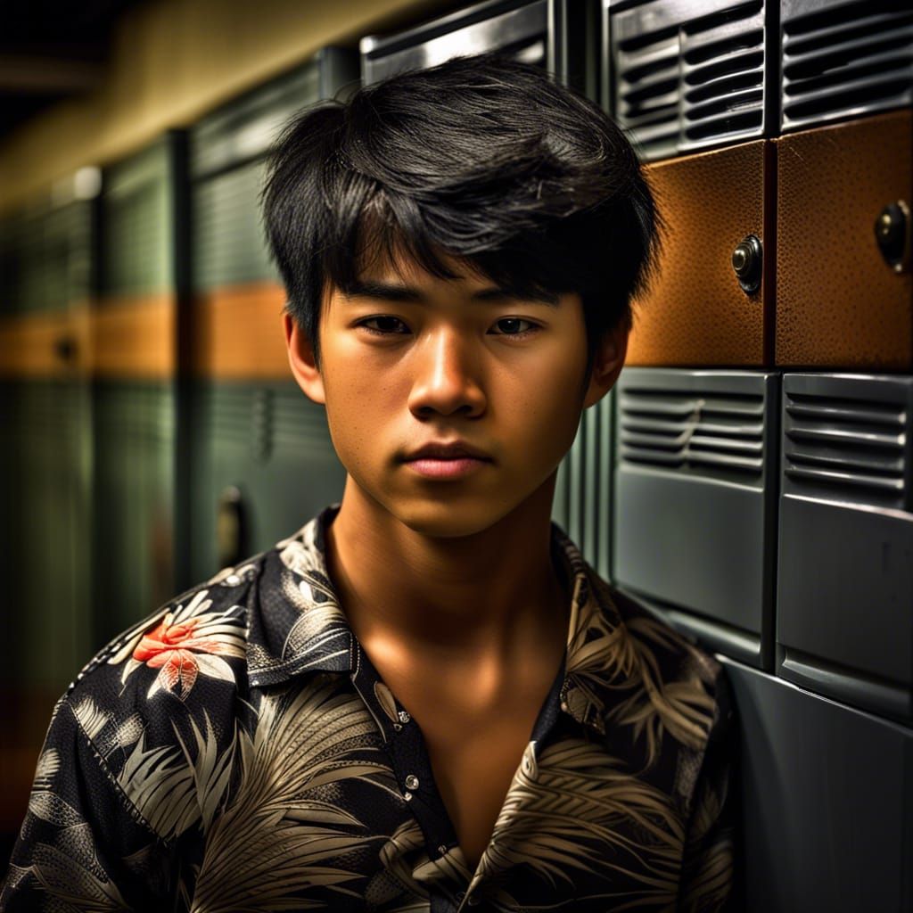 Hyperrealistic Image of Vietnamese Boy in Locker Room
