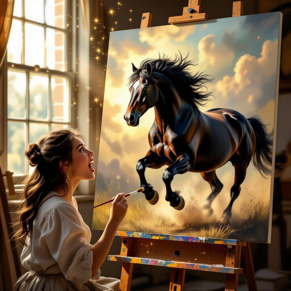 Woman's Awestruck Reaction to Horse Emerging from Painting