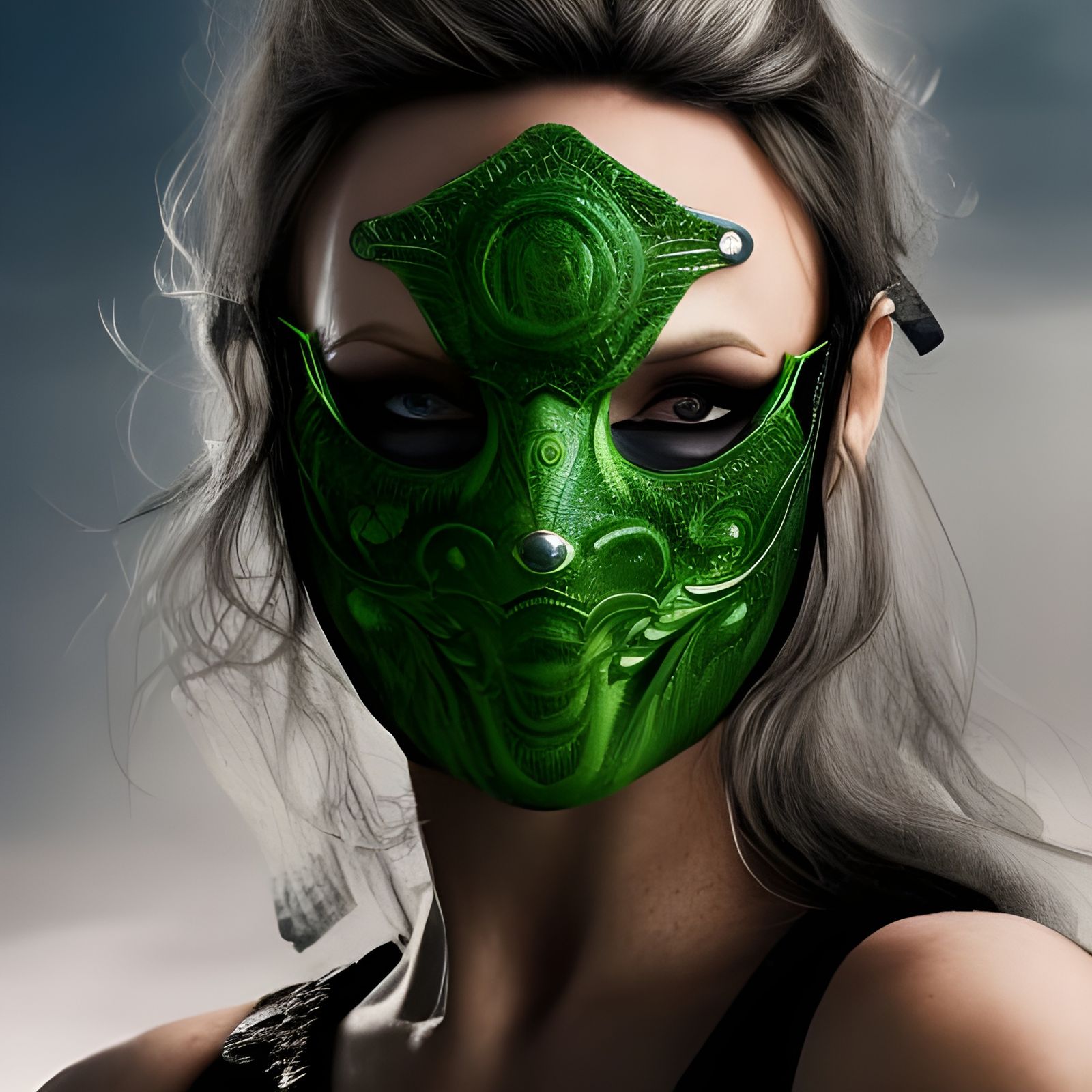 Cinematic Green Mask Portrait of Fierce Ninja Woman